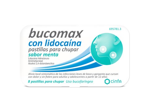 BUCOMAX CON LIDOCAINA PASTILLAS PARA CHUPAR SABOR MENTA, 8 pastillas